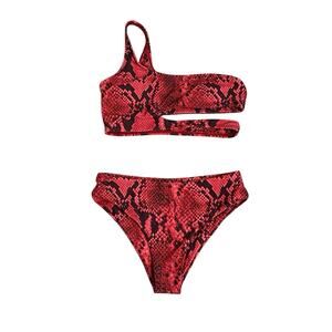 NEW Snakeskin Print One Shoulder Bikini Size XS Red Black Festival Costume NWOT